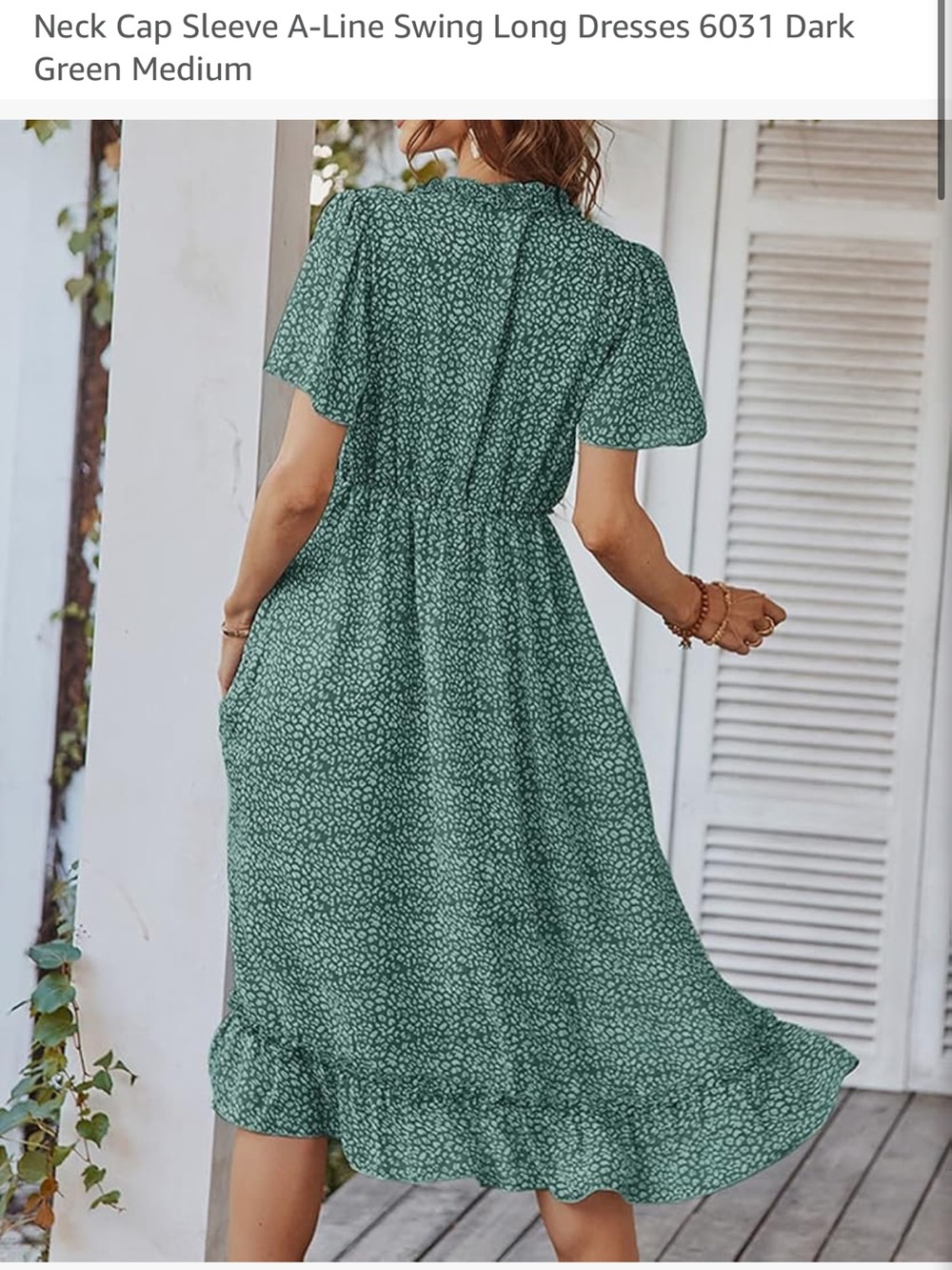 Green Floral V-Neck Wrap Midi Dress with Flutter Sleeves - Picture 6 of 7